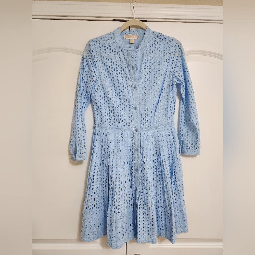 Michael Kors Light Blue Eyelet Long Sleeve Button Dress - Picture 2 of 12